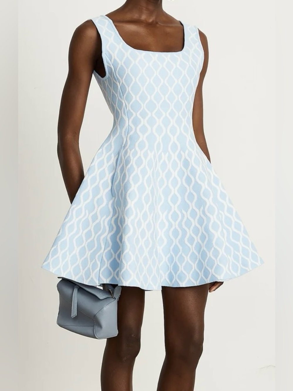 Miss Rossier Sleeveless Light Blue Jacquard Fit-&-Flare Mini Dress